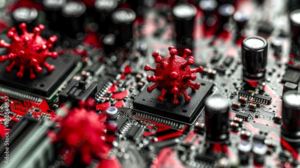 Poster a circuit board with red virus models on it.
