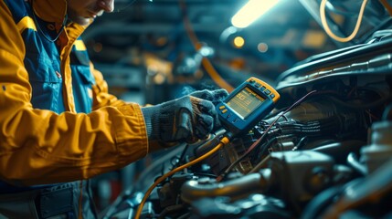 Technician performing electrical diagnostics on heavy machinery