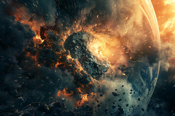 A dramatic scene of an asteroid exploding in the Earths atmosphere, a protective shield preventing a catastrophic impact  