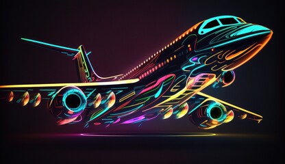 a closeup futuristic airplane with sleek lines and colorful lights, set against a dark, abstract background, abstract neon design of a glowing