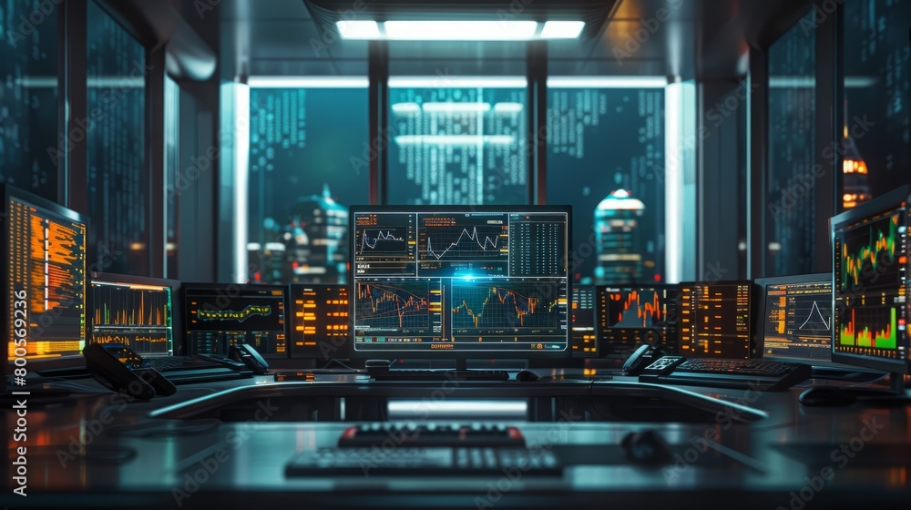 Poster a dark room filled with computer monitors displaying stock market data.