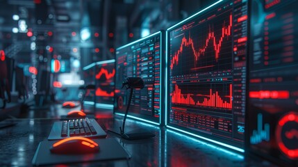 A dark room filled with computer monitors displaying red and green stock market data.