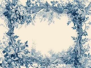 vintage frame illustration in blue hues, detailed and intricate foliage in a classical ornamental symmetry