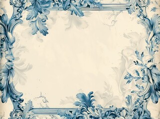 vintage frame illustration in blue hues, detailed and intricate foliage in a classical ornamental symmetry