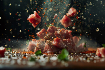 A dynamic shot of spices being sprinkled over floating raw meat, Flying Food shot, studio lighting 