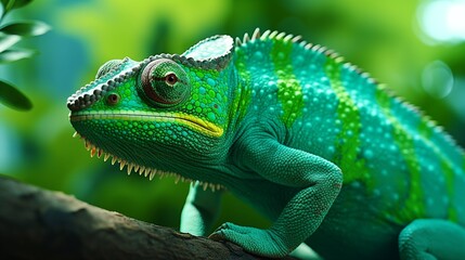 Green colored chameleon close up.