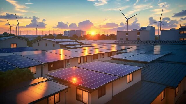 Solar panels on the roofs of houses against the background of the sunset sky, renewable energy, ecology.