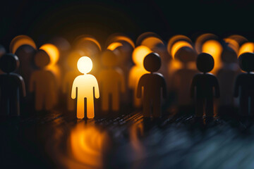 A figure standing out with a distinct glow, leading a group in the dark, representing leadership, guidance, and differentiation  