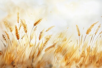Fototapeta premium watercolor wheat field, white background, light beige and gold colors, soft Generative AI