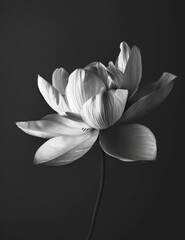 An exquisite monochrome photo capturing the ethereal beauty of a single lotus flower in full bloom against a dark background
