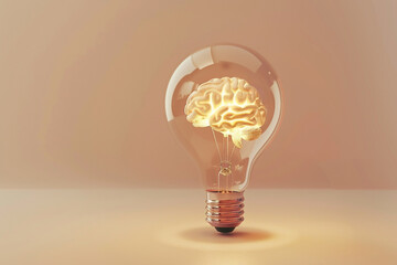 A futuristic 3D light bulb with a 3D brain inside, casting a reflective glow on a pastel beige background, representing the light of knowledge  