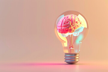 A futuristic 3D light bulb with a 3D brain inside, casting a reflective glow on a pastel beige background, representing the light of knowledge  