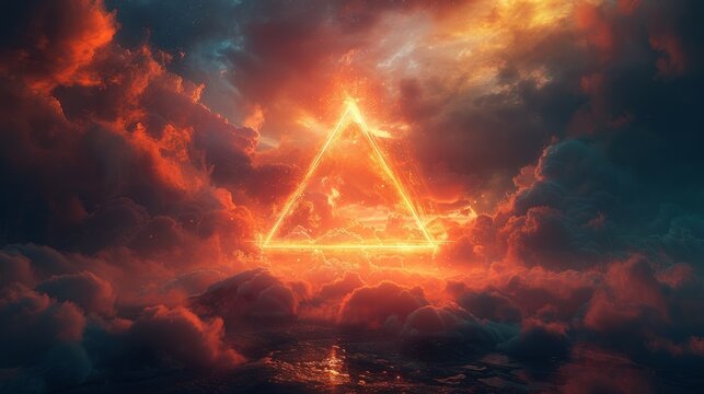Glowing neon triangle in stormy clouds