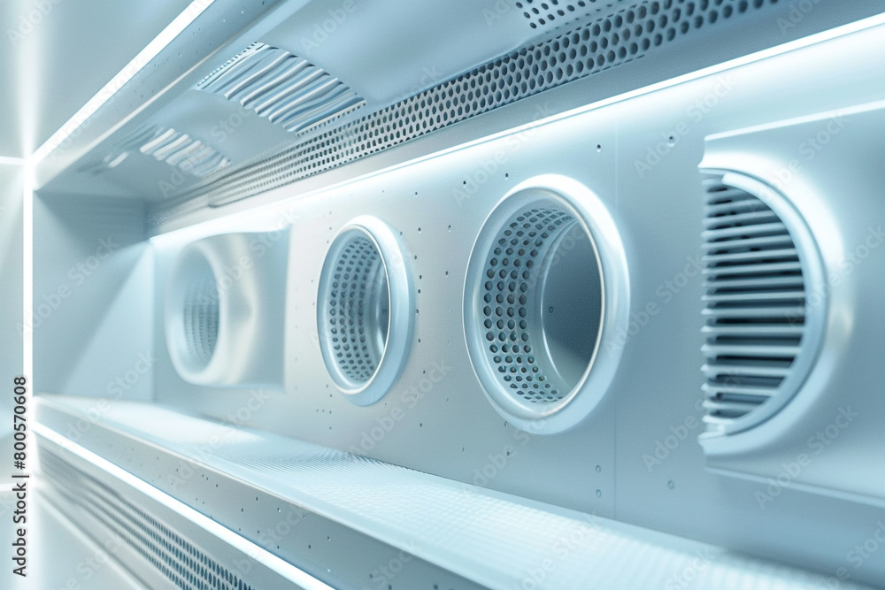 Poster a futuristic 3d render of a high-efficiency ventilation unit with innovative duct design for optimal