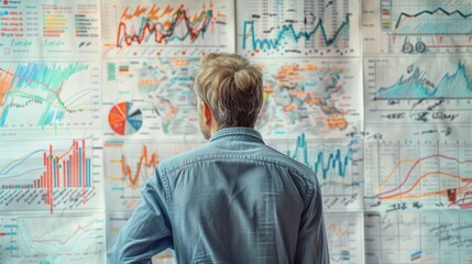 A man in a blue shirt looking at a wall of financial graphs and charts.
