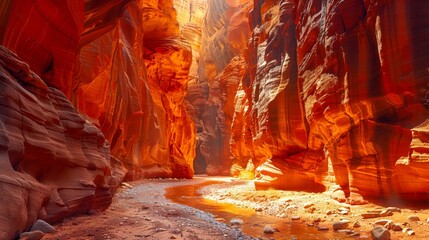 A slot canyon on an arid exoplanet, explored by robots, where the sunlight of a foreign star illuminates the path