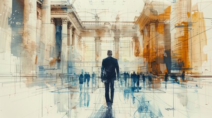 Obraz premium A man in a suit walking through a busy city street with a determined look on his face. The background is blurred and there are people walking in both directions.