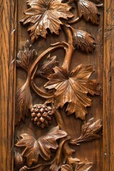 A splendid wooden panel with an elaborate leaf pattern wood carving, with a warm brown finish demonstrating superior craftsmanship