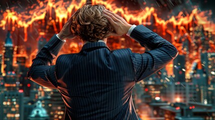 A man in a suit stands with his back to the camera, looking at a burning city.