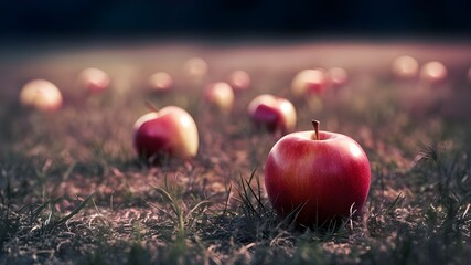 A field of apples with the sun behind them.