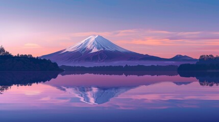 A serene sunrise scene with Mount Fuji silhouetted against a pastel-colored sky, heralding the start of a new day in Japan's iconic landscape. - obrazy, fototapety, plakaty