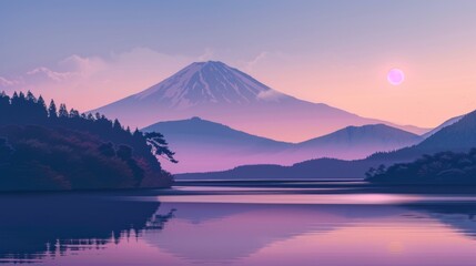 A serene sunrise scene with Mount Fuji silhouetted against a pastel-colored sky, heralding the start of a new day in Japan's iconic landscape.