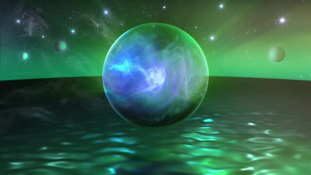 Mystical sphere fantasy green fractal flame aurora loop. Orb in smoke or mist, reflected in water ripples.