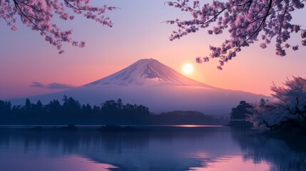A serene sunrise scene with Mount Fuji silhouetted against a pastel-colored sky, heralding the start of a new day in Japan's iconic landscape. - obrazy, fototapety, plakaty