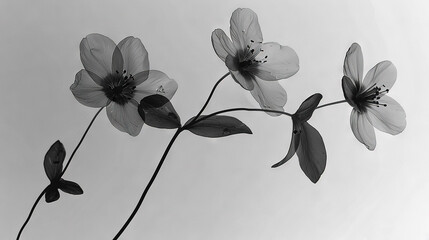   Three-flower stem in black and white against a white sky; three-flower foreground in black and white