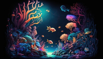 a graphics abstract underwater world with glowing corals and sea creatures, a neon inspired design of a colorful, set against a dark, abstract background