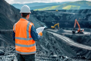 A supervisor in industrial safety attire reviews papers while overseeing a vast mining operation, heavy machinery at work