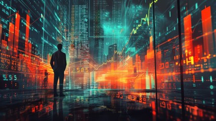 A man standing in a digital city.