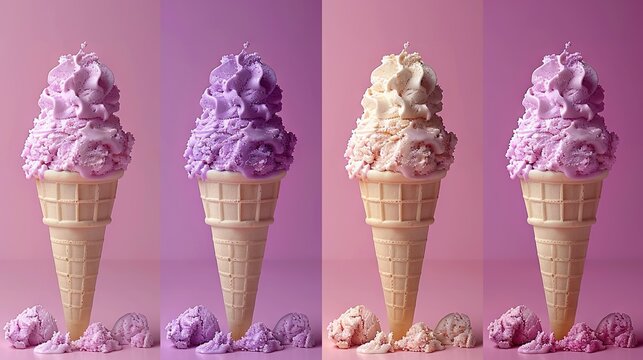   Three colorful ice cream cone images with varying levels of purple and white frosting against a pink backdrop