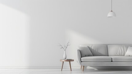 An elegant and clean living area featuring a modern grey sofa aside a small side table with a minimalist vase on top