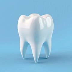 A 3D-rendered image of a perfect molar tooth that's crisp and shining, representing dental health and care in a simple blue background