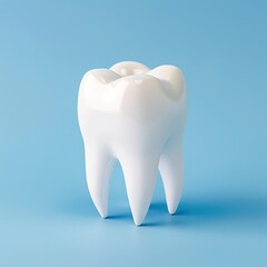 This detailed 3D render showcases a pristine white human tooth against a calming blue background, emphasizing dental health