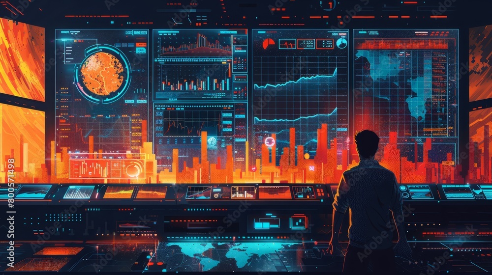 Poster a man standing in front of a large futuristic control panel with graphs, charts, and data.