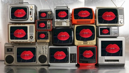vintage and retro televisions made into a tv wall with lips on the screen