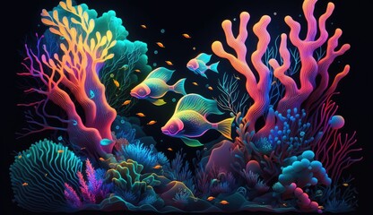 an illustration abstract underwater world with glowing corals and sea creatures, a neon inspired design of a colorful, set against a dark, abstract background