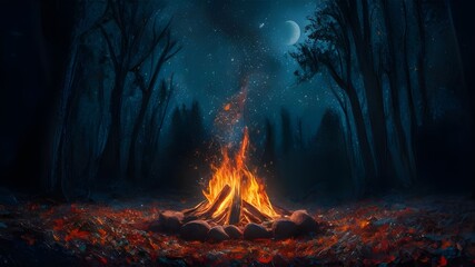 A fire with a full moon and a forest in the background.