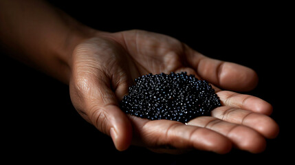 close up of caviar on hand