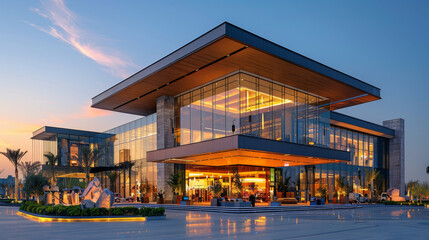 Exterior of futuristic ultra-modern shopping center. Contemporary architecture, characterized by sleek lines, geometric shapes, innovation, and metallic surfaces. Architectural design concept.