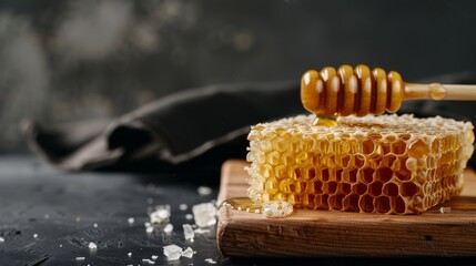 Fresh Natural Honeycomb and Wooden Dipper on Dark Background