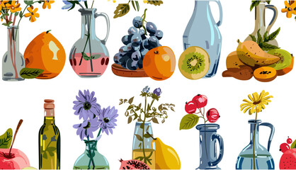 Illustration of classical still life pictures set with flowers in vase, fruits on plate, drink bottle. seamless pattern background wallpaper. Artistic arrangement, vintage style, decorative design