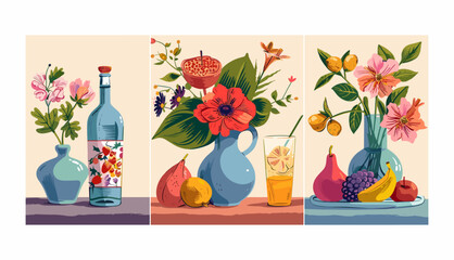 Illustration of classical still life pictures set with flowers in vase, fruits on plate, drink bottle. seamless pattern background wallpaper. Artistic arrangement, vintage style, decorative design