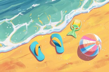 colorful flipflops beach ball and snorkel on sandy shore evoking carefree summer vacation vibes concept illustration