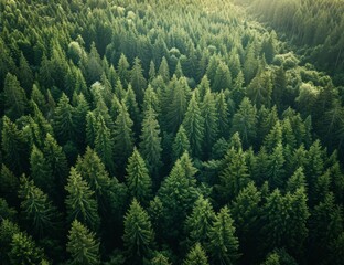 Aerial view of a dense forest with green trees. A top down, high angle photo. A professional photograph captured