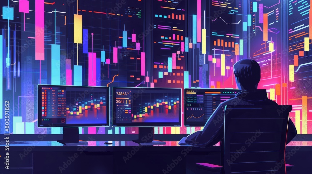 Poster a person is sitting in front of three computer screens looking at stock market data.