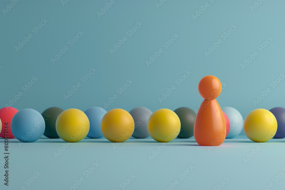 Poster a group of objects with one standing out in color and shape, representing the concept of leadership 