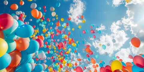 colorful balloon floating up in the air blue sky.